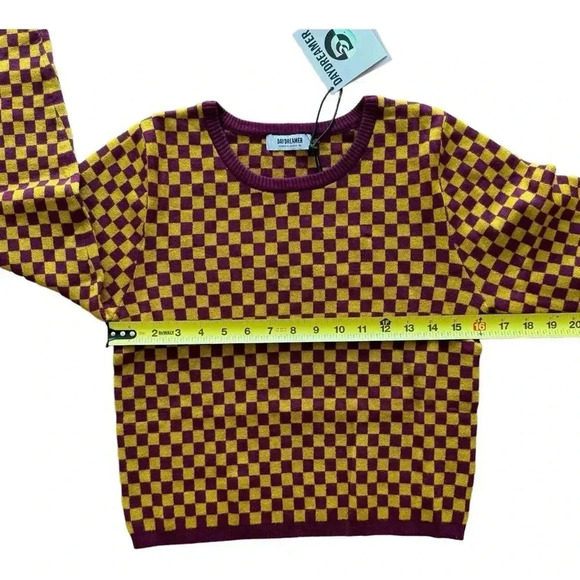 Daydreamer Fig Check Fitted Pullover Sweater Long Sleeve Purple Yellow XL NWT - Picture 7 of 8